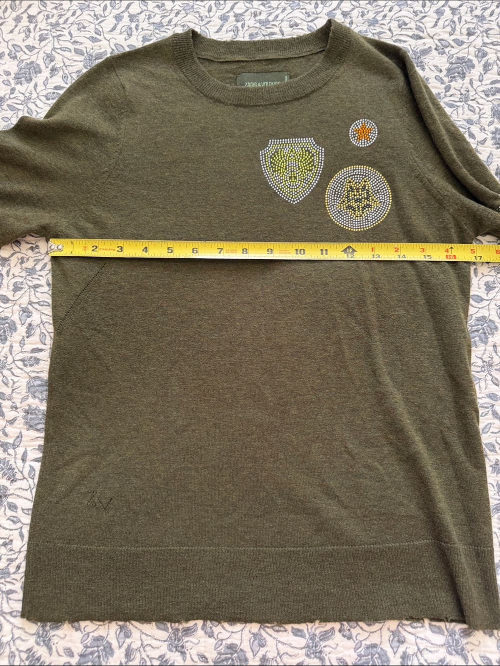 ZADIG AND VOLTAIRE Olive Green Embellished Sweater with Rhinestone Patches - Picture 4 of 10